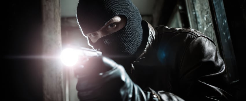 The masked figure brandishing a firearm in a dimly lit environment. photo