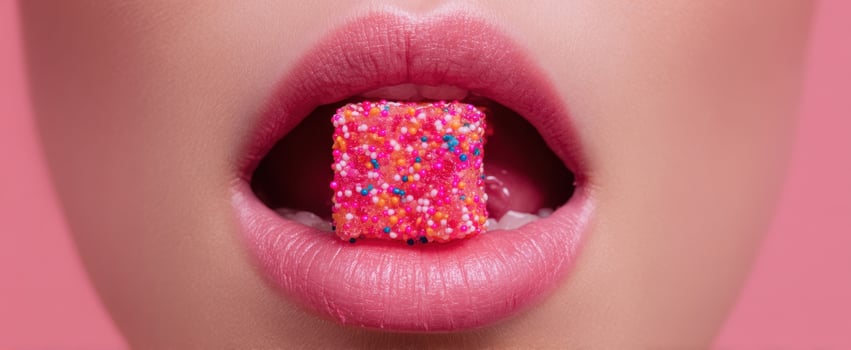 The delicious pink candy cube resting in a perfect mouth. photo