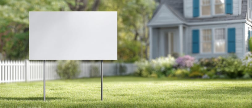 The empty sign in a tranquil suburban garden near a charming home. photo