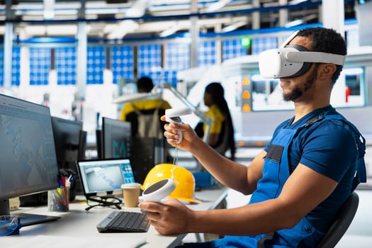 Photovoltaics factory engineer using VR glasses to assembly digital solar cells, placing solar panels via software and robotic arms. Female worker inspecting solar plant using virtual reality. photo
