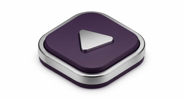3D Purple Play Button Icon with Silver Metallic Border on White Background. photo