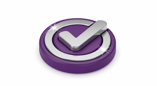 3D Rendered Purple Check Mark Icon on White Background. photo