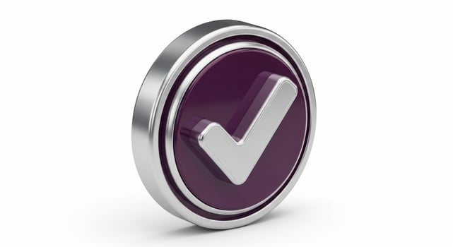 3D Rendered Purple Check Mark Icon with Metallic Silver Border. photo
