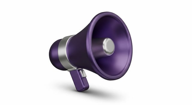 3D Rendered Purple Megaphone on White Background. photo
