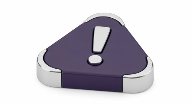3D Rendered Purple Triangular Warning Sign with Silver Exclamation Mark and Rounded Edges. photo