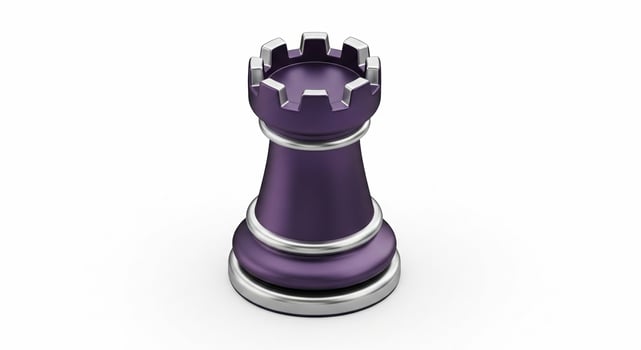 A modern purple and silver rook chess piece isolated on a clean white background. photo