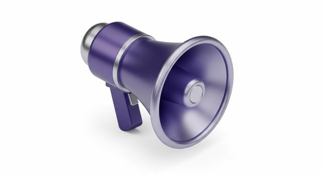 A modern purple megaphone with silver accents on a white background photo