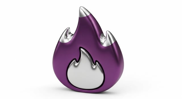 Modern 3D flame icon with purple and silver metallic finish isolated on a white background. photo
