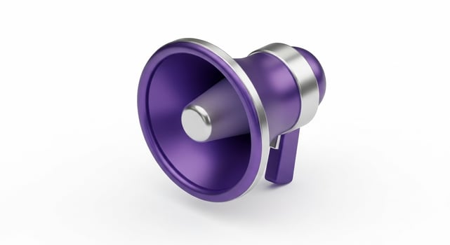 Modern purple and silver megaphone or bullhorn isolated on a clean white background. photo