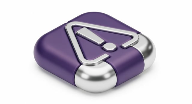 Purple and silver 3D warning icon with an exclamation mark in a triangle isolated on white. photo
