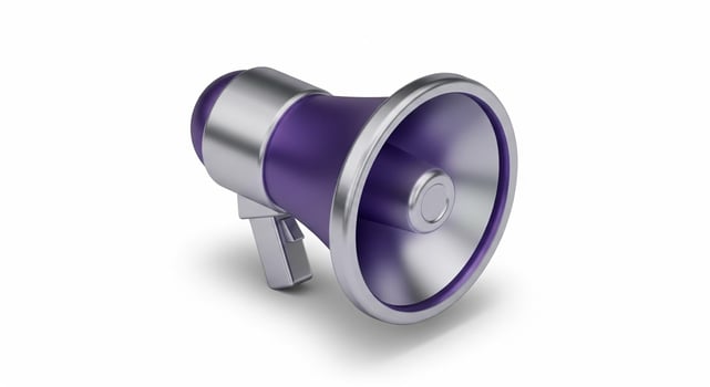 Purple and Silver Megaphone 3D Render Announcement Icon Public Address System. photo