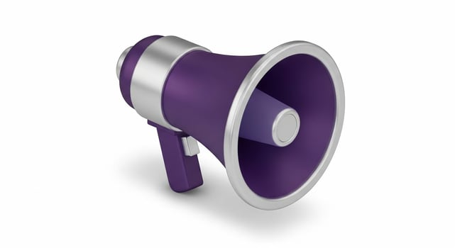 Purple and Silver Megaphone on White Background Communication Tool. photo