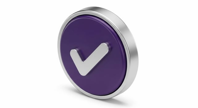 Purple Check Mark Button with Silver Border on White Background. photo