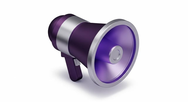 Purple Megaphone with Silver Accents on White Background Communication Tool. photo