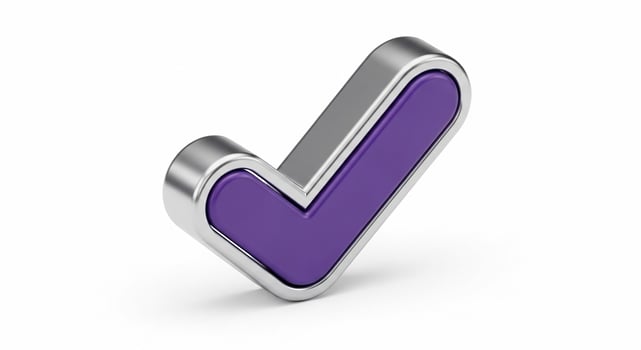 Stylish 3D purple check mark with a sleek silver metallic frame isolated on a white background. photo