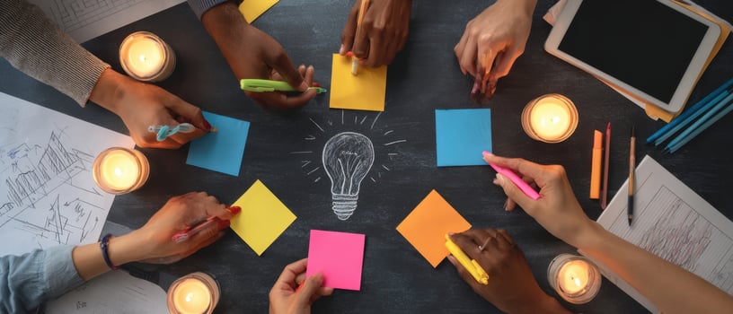 The vibrant brainstorming session with colorful sticky notes and lightbulb concept. photo