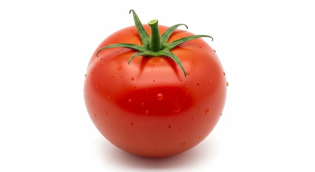 Fresh Red Tomato with Green Stem and Water Droplets on White Background photo
