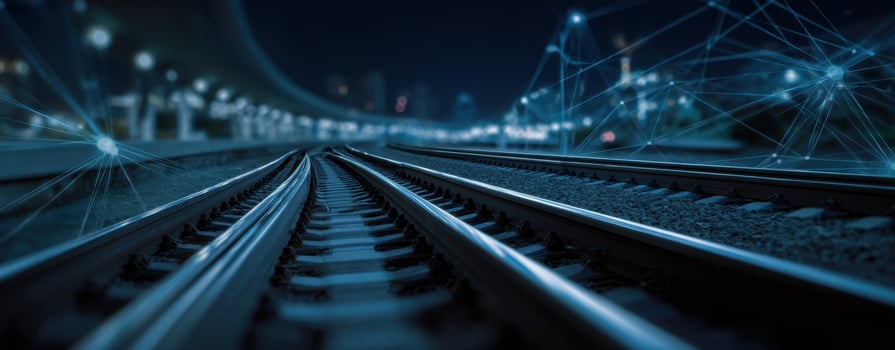 The railway tracks illuminated at night with a futuristic digital network. photo