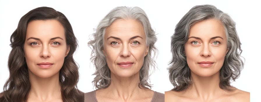 The transformation of women through aging with diverse hairstyles and expressions. photo