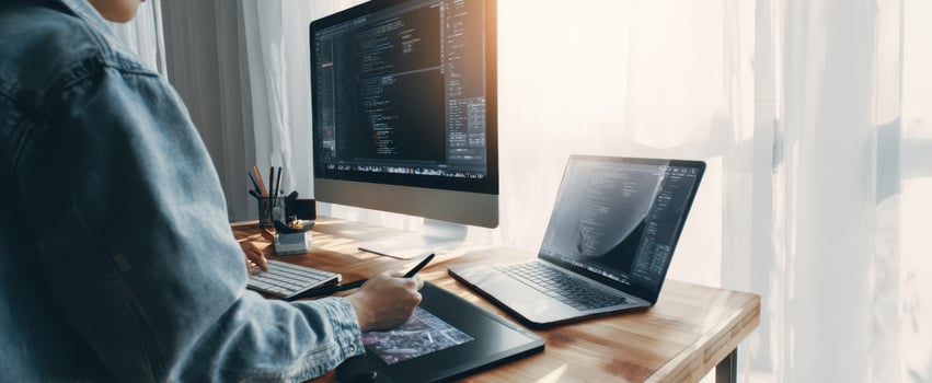 The designer working on a digital tablet in a modern workspace with technology. photo