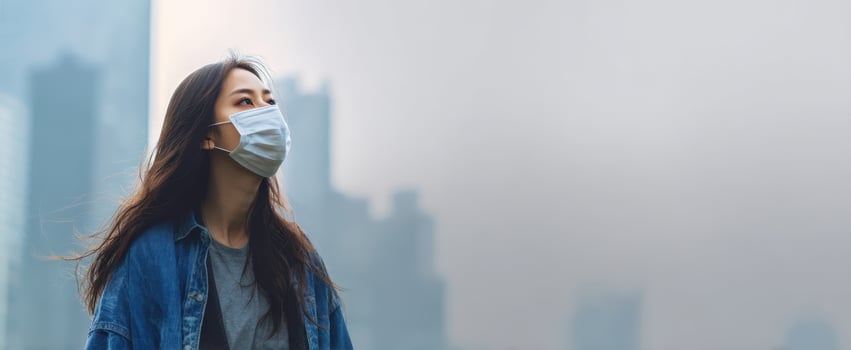 The young woman wearing a mask gazes thoughtfully towards a city skyline. photo