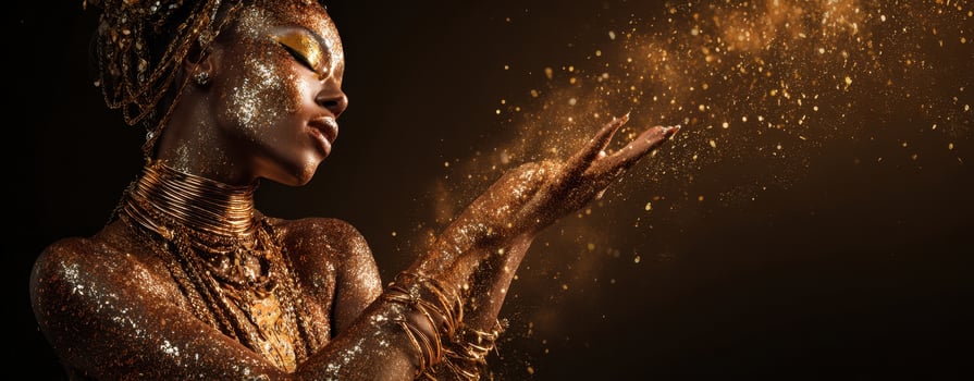 The captivating model adorned in shimmering gold with a radiant expression. photo