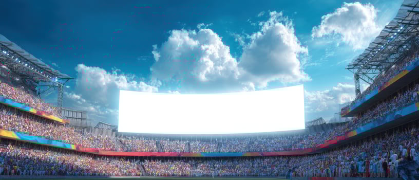 The vibrant stadium filled with excited fans under a beautiful blue sky. photo