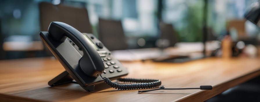 The classic office telephone on a modern workspace table photo