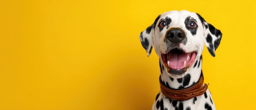 The happy Dalmatian dog with a joyful expression against a yellow backdrop. photo