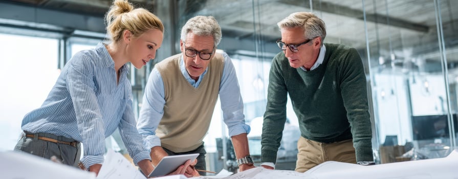 The team discussing architectural plans in a modern office setting. photo