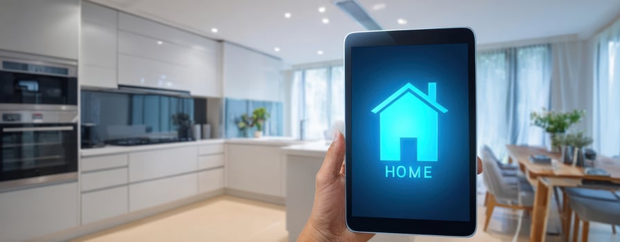 The tablet displaying a home icon in a modern kitchen environment. photo