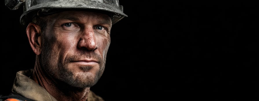 The determined miner showcasing strength and resilience against a dark backdrop. photo
