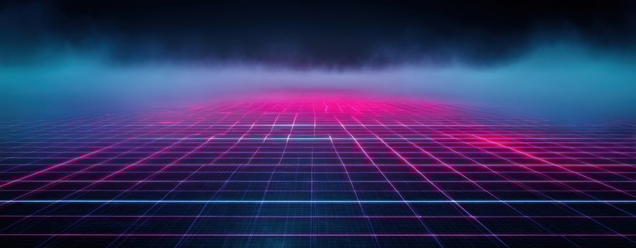 The vibrant neon grid landscape with ethereal fog and modern aesthetic elements. photo
