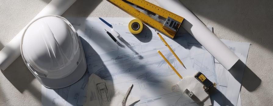 The construction tools and blueprints ready for an architectural project. photo