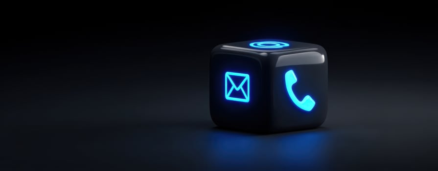 The glowing communication icons on a digital cube against a dark background. photo