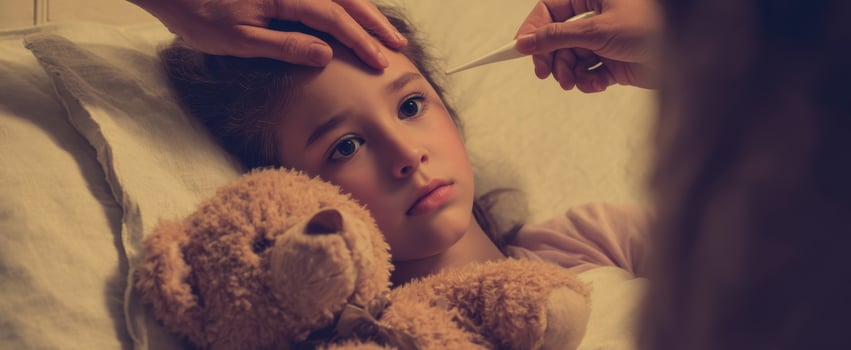 The caring hand checking a child's temperature while she holds her teddy bear. photo