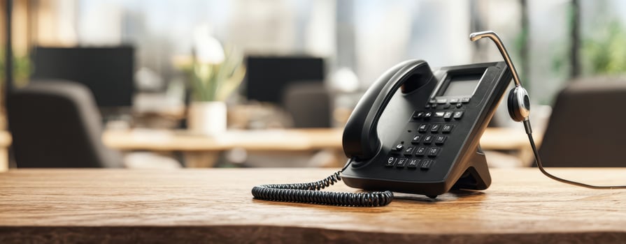 The modern office phone with headset on a stylish wooden desk photo