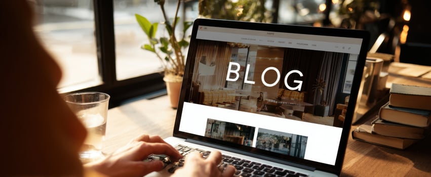 The laptop displaying a blog in a cozy workspace setting. photo