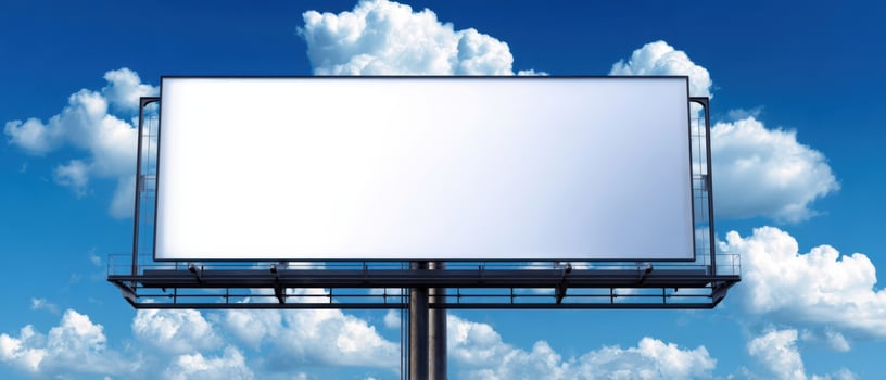 The empty billboard against a bright blue sky with fluffy clouds above. photo