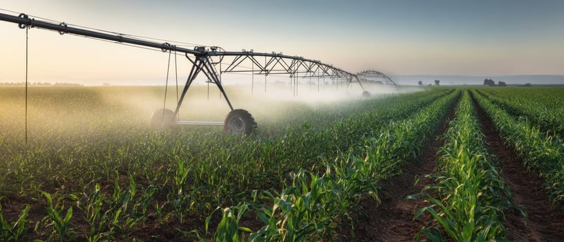 The irrigation system enhancing growth in a vibrant agricultural field at dawn photo