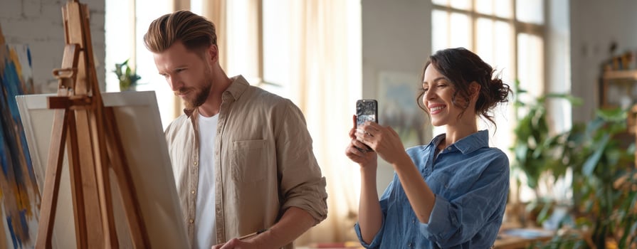 The couple enjoying art in a creative studio environment. photo