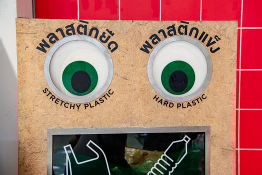 Recycling waste donation box, separating plastic waste into stretchy plastics and hard plastics with Thai and English text to indicate. photo