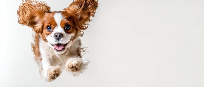 The joyful jumping dog captured in mid-air against a simple background. photo