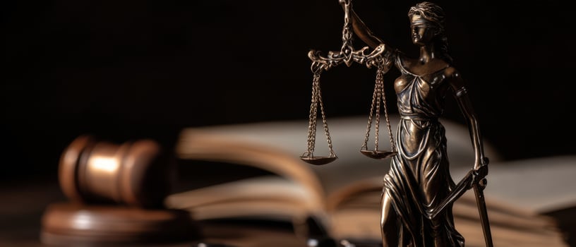 The Lady Justice statue symbolizing fairness in the courtroom setting. photo