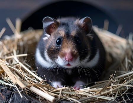 A hamster is sitting in a nest of straw photo