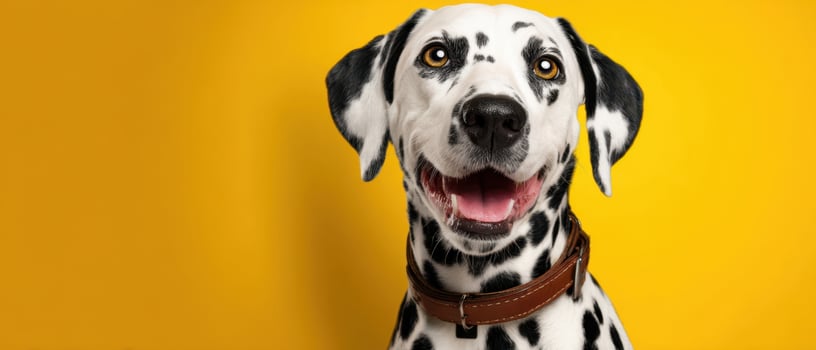 The cheerful Dalmatian dog smiling against a vibrant yellow background. photo