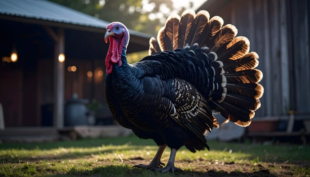A turkey is standing in front of a barn photo