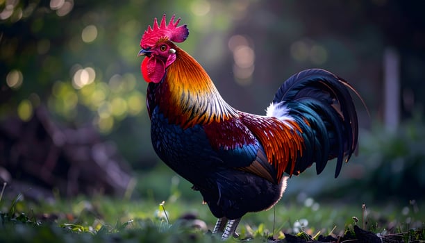 A rooster standing in the grass photo