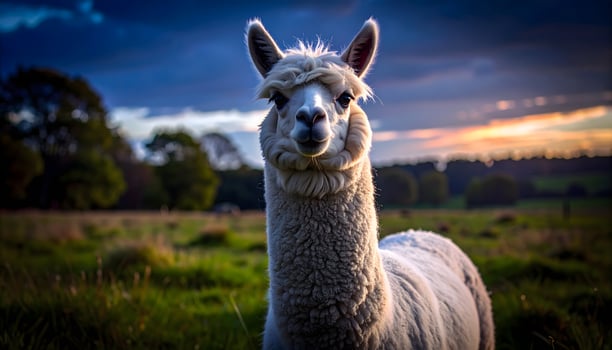 A llama is standing in a field with a sunset in the background photo