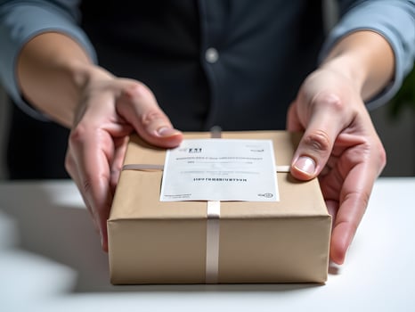 A person holding a brown box with a label on it photo